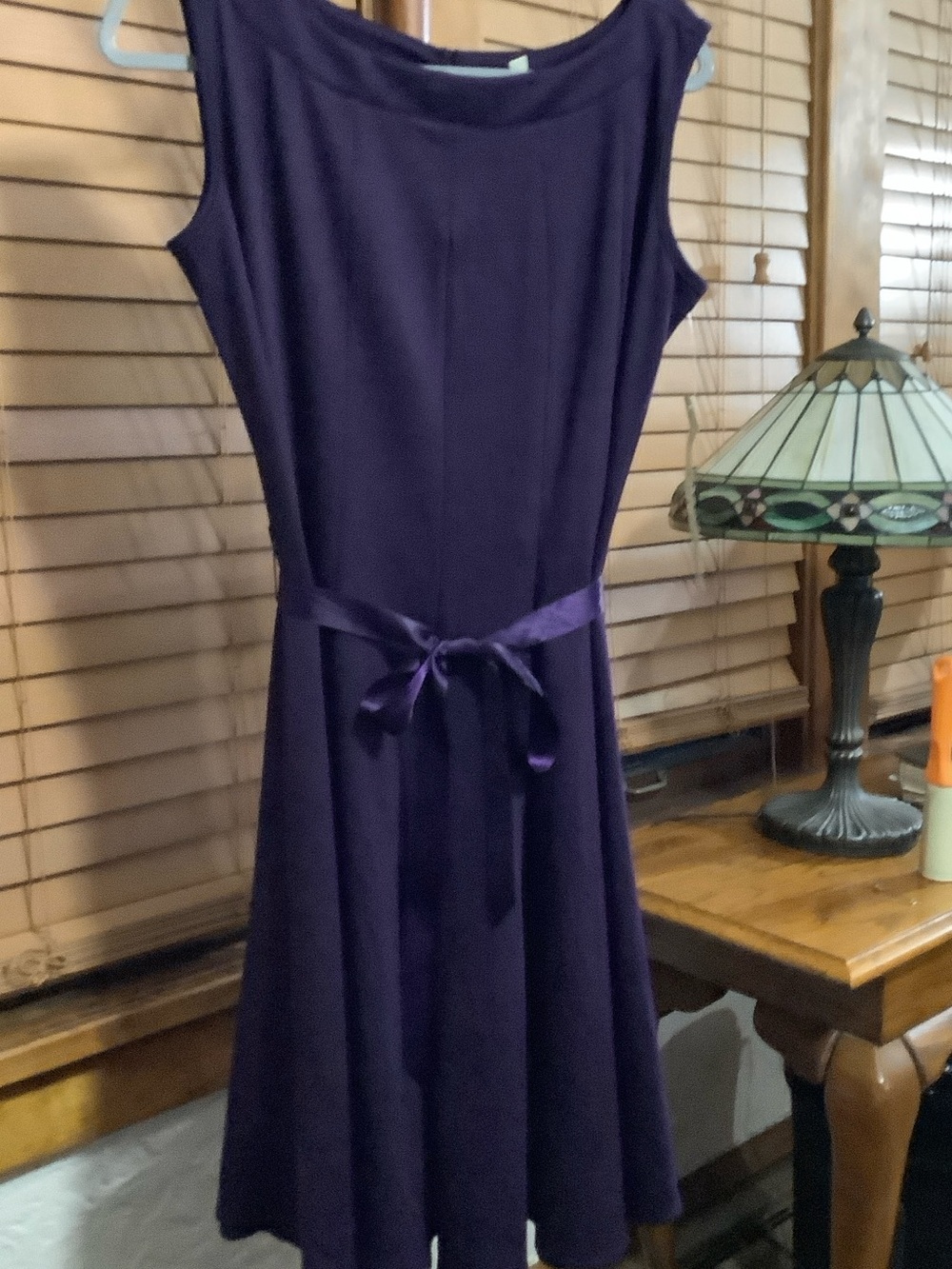 Haani Sleeveless Dark Purple A-Line Dress with Satin Waist Tie